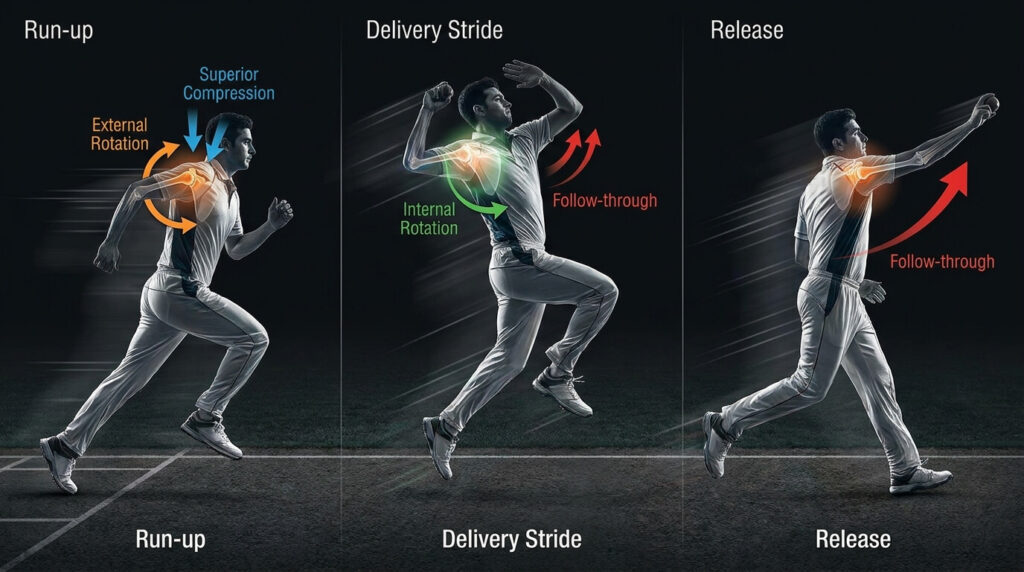 Cricket bowling sequence highlighting shoulder external rotation, acceleration and compression forces.