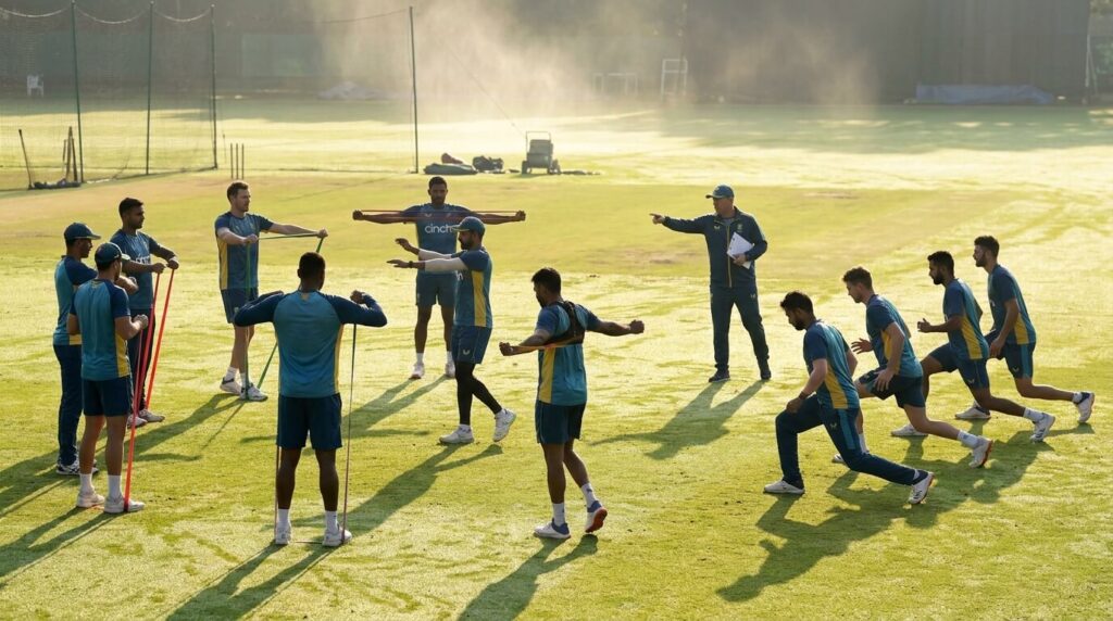 Cricket team performing a shoulder, thoracic and lower-body warm-up before training.