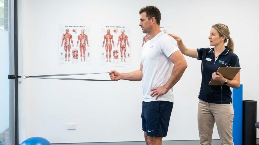 Cricketer performing resistance-band external rotation for rotator cuff strengthening.