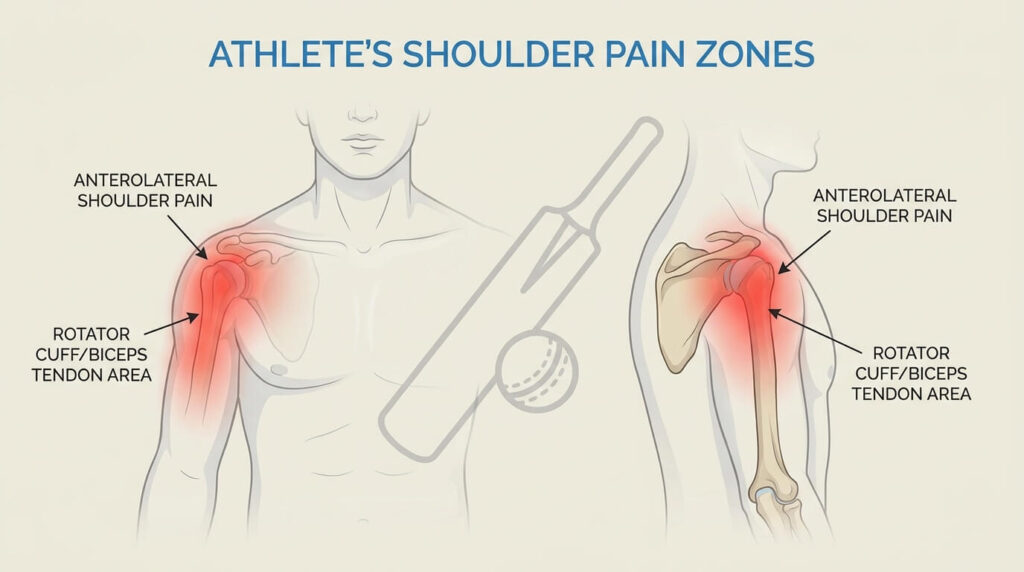 Illustration showing common front and outer shoulder pain locations in a cricketer.