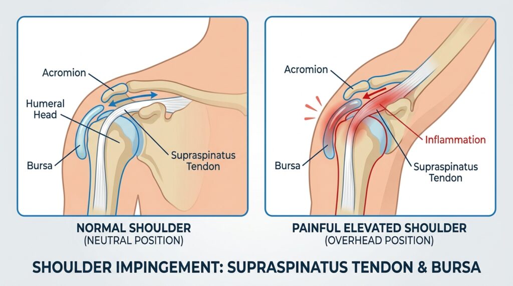 Medical diagram comparing a normal subacromial space with a narrowed painful shoulder position.