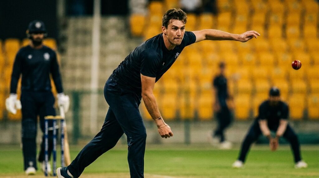 Rehabilitated cricket bowler delivering a ball confidently and pain-free on return to play.