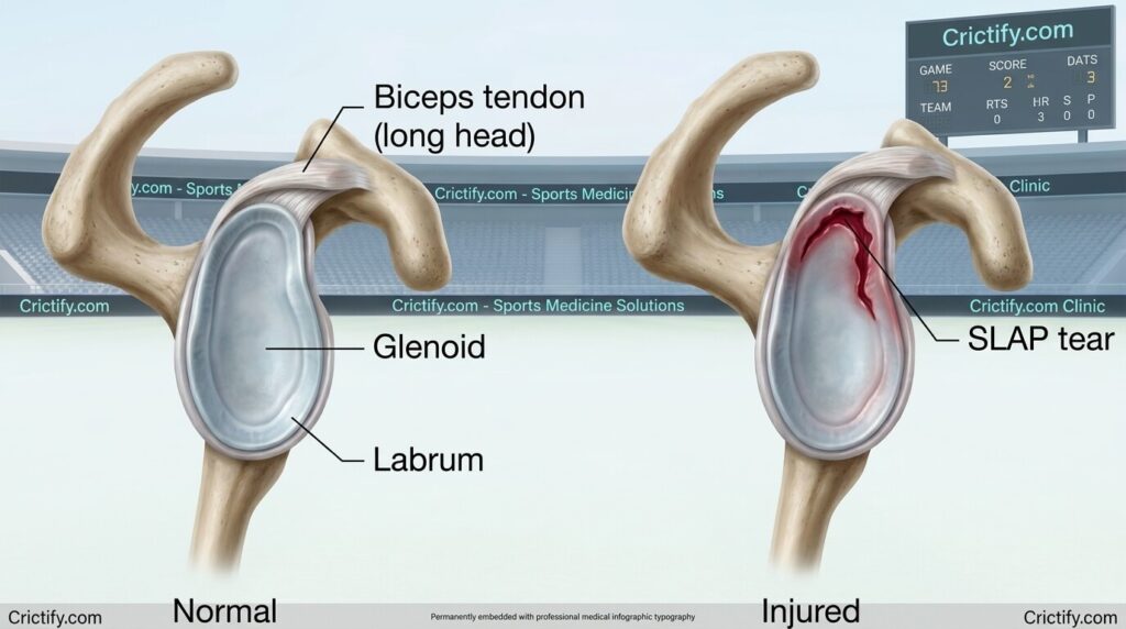 Medical illustration showing SLAP tear location at superior labrum with biceps tendon involvement and Crictify.com sports medicine branding