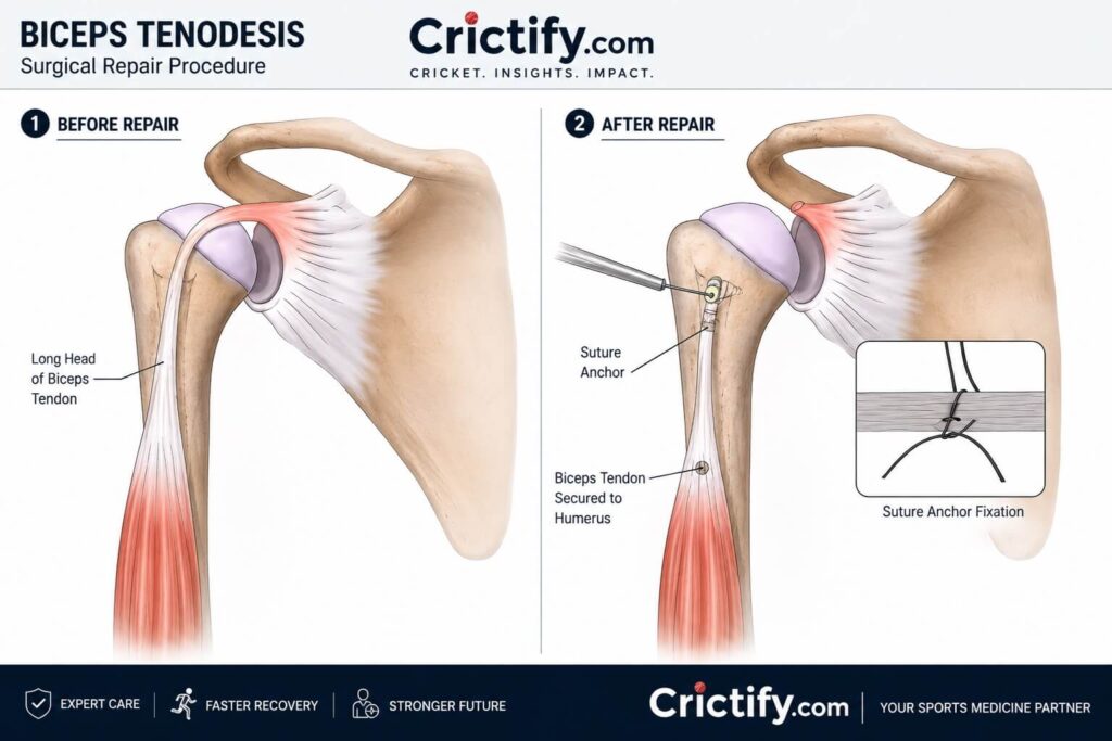 Arthroscopic biceps tenodesis procedure showing biceps tendon reattached to humerus, Crictify.com surgical branding