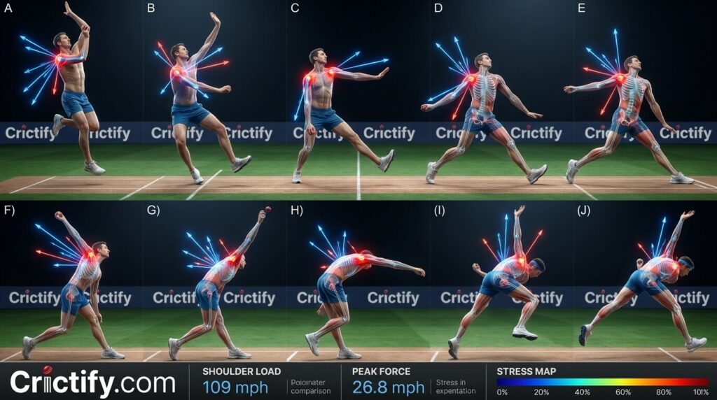 Biomechanical analysis diagram of fast bowling action showing shoulder stress points during delivery stride with Crictify.com sports science branding