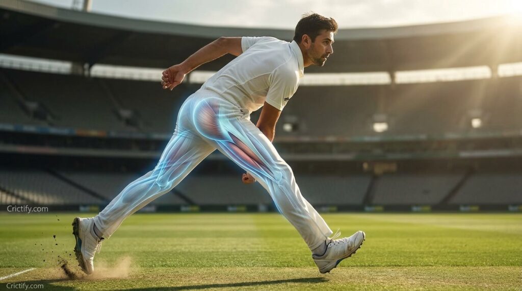 Fast bowler in delivery stride with hamstring muscle group highlighted to show eccentric loading during cricket bowling.