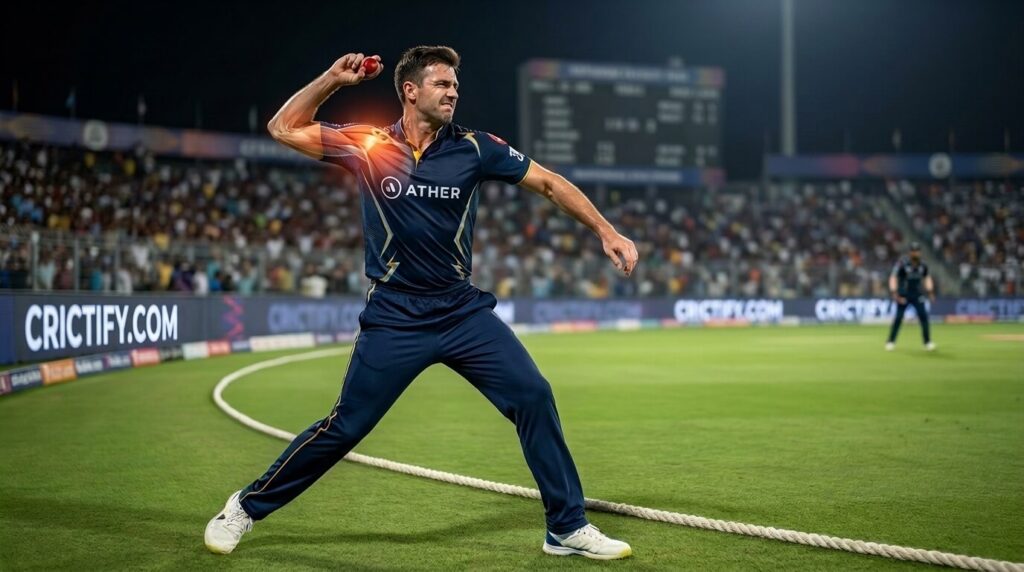 Cricket fielder throwing from boundary with arm in overhead position showing shoulder stress during powerful throw, Crictify.com branding on stadium boards