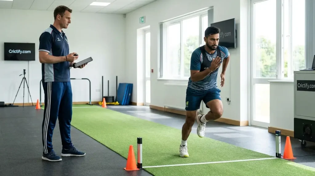 Sports physiotherapist conducting return-to-play sprint and functional testing for cricket player after hamstring rehabilitation.