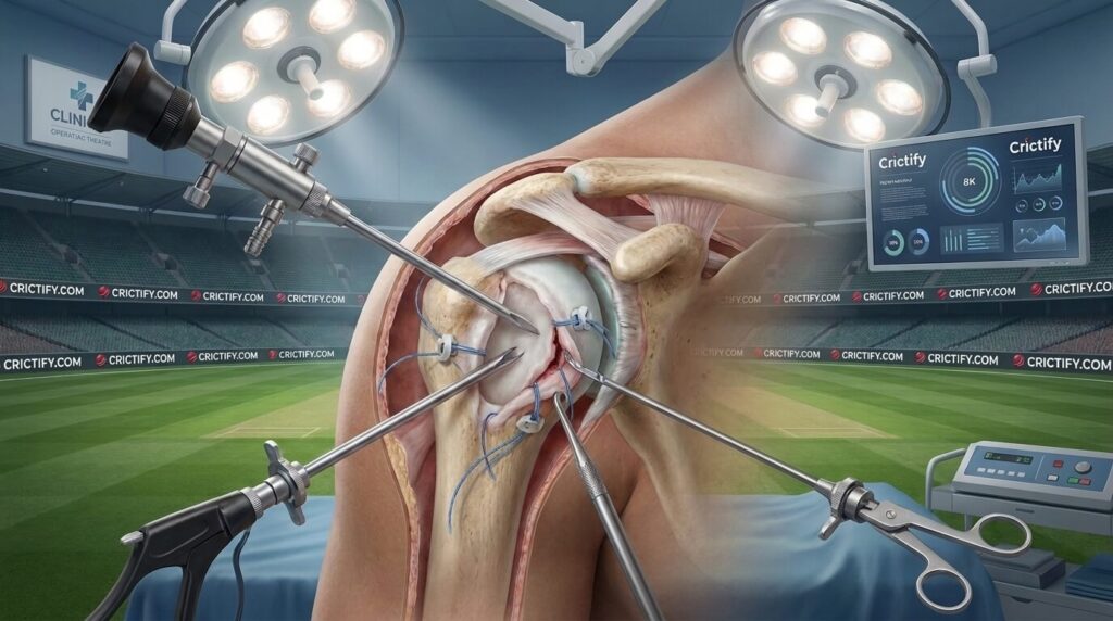 Arthroscopic Bankart repair of a cricketer’s unstable shoulder.