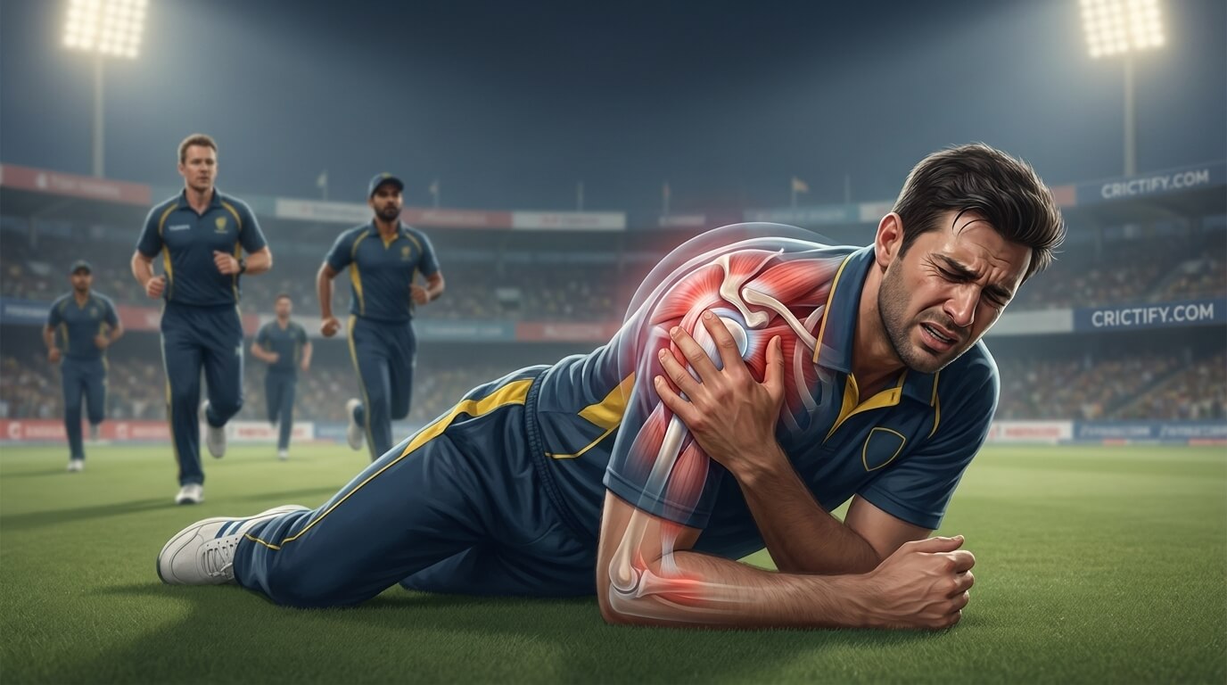 Professional cricketer clutching his shoulder in pain under stadium lights after a diving catch, illustrating shoulder dislocation in cricket.