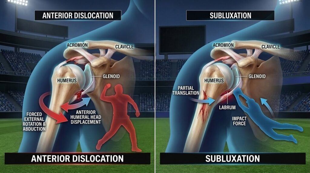 Medical comparison of shoulder dislocation and shoulder subluxation in a cricket athlete.