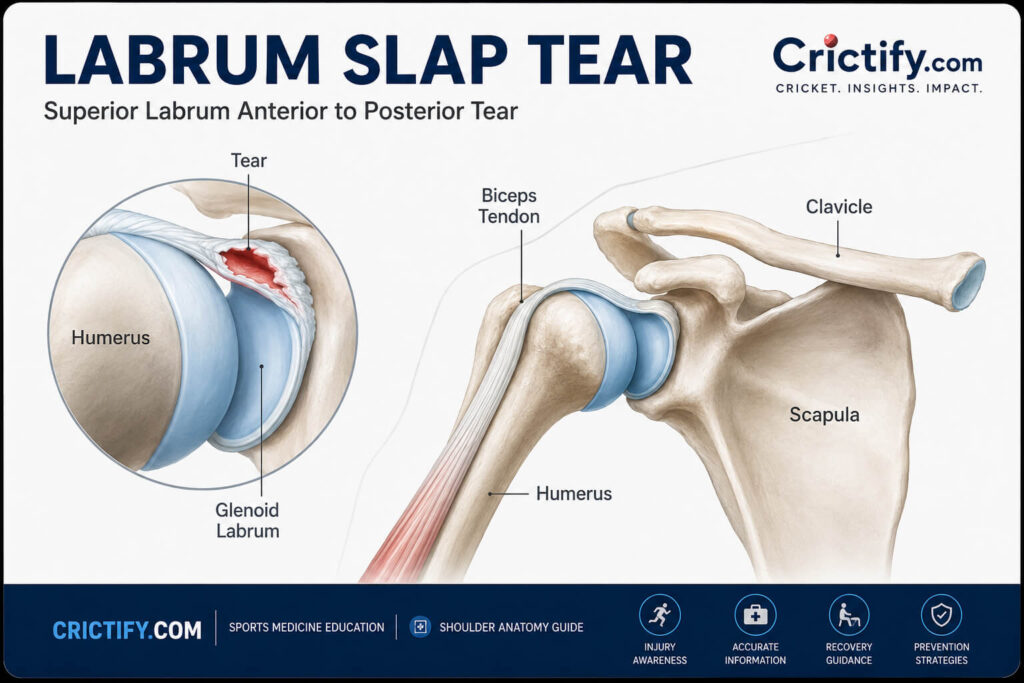 Cricket player holding shoulder in pain with highlighted pain location diagram showing deep shoulder pain zone, Crictify.com medical branding