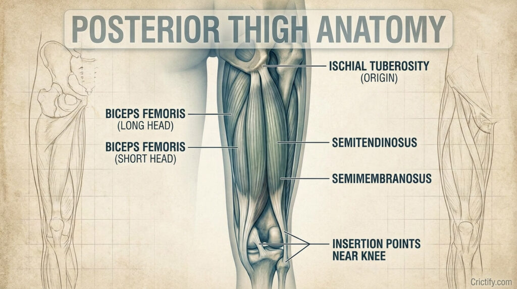 Medical illustration of posterior thigh showing hamstring muscles: biceps femoris, semitendinosus, and semimembranosus with origin and insertion points.