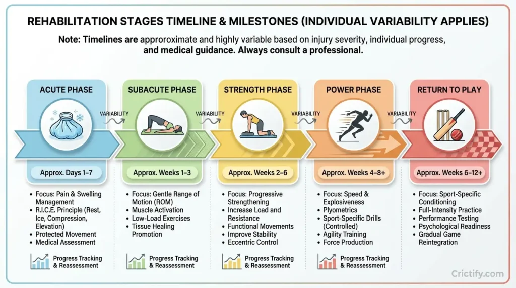 Hamstring strain recovery timeline infographic showing rehabilitation phases from acute care to return to cricket.