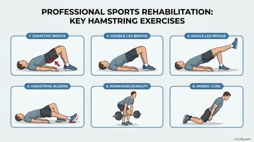 Infographic showing progressive hamstring rehabilitation exercises from isometric bridges to Nordic curls.