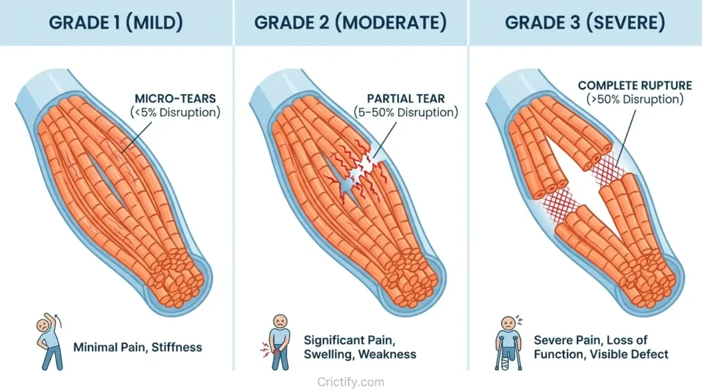 Infographic comparing Grade 1, Grade 2, and Grade 3 hamstring strain severity with muscle fiber disruption levels.