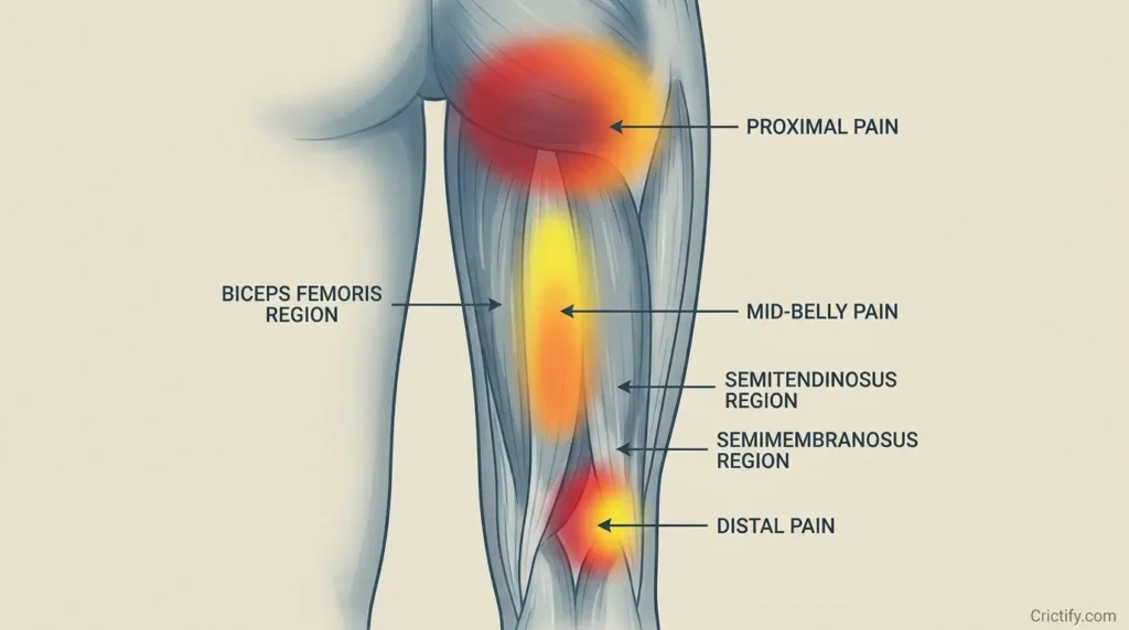 Posterior thigh diagram showing typical hamstring strain pain locations: proximal, mid-belly, and distal regions.