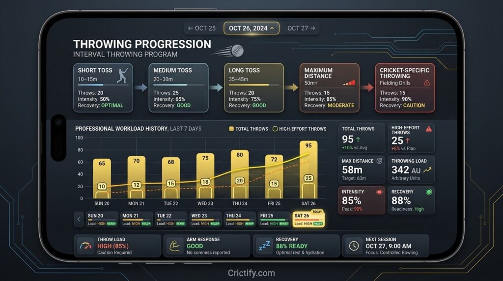  Return to throwing progression infographic showing interval throwing program phases from short toss to maximum distance, Crictify.com sports medicine branding