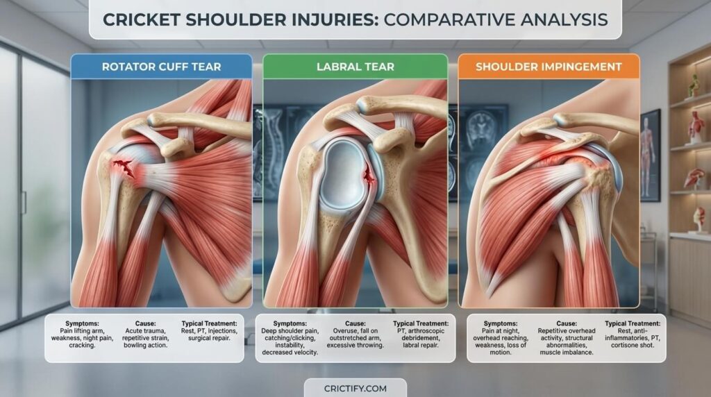  Comparison diagram showing rotator cuff tear, labral tear, and shoulder impingement with distinct anatomical locations highlighted and Crictify.com educational branding