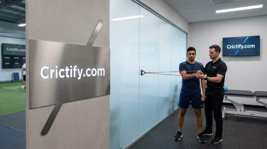 Athlete performing rotator cuff strengthening exercise with resistance band (external rotation), Crictify.com rehabilitation center branding visible