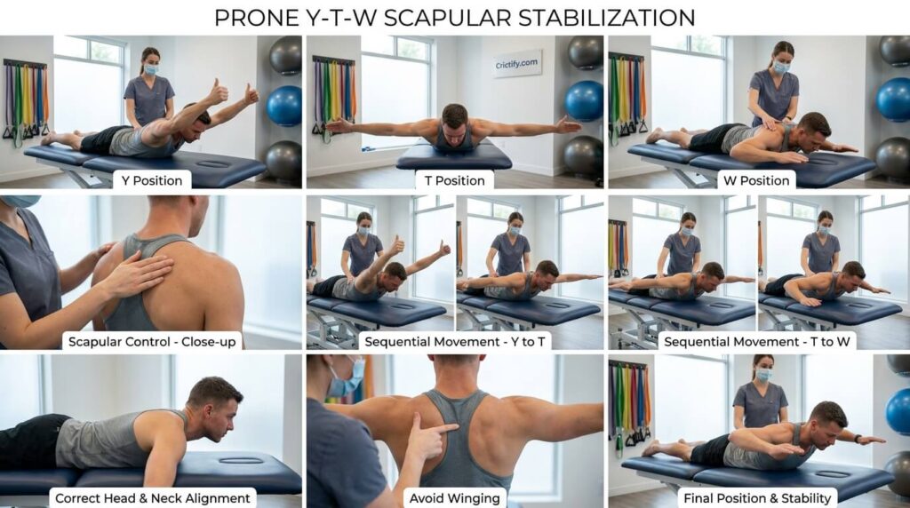 Athlete performing scapular stabilization exercise (prone Y-T-W) on treatment table with physiotherapist guidance, Crictify.com rehabilitation branding