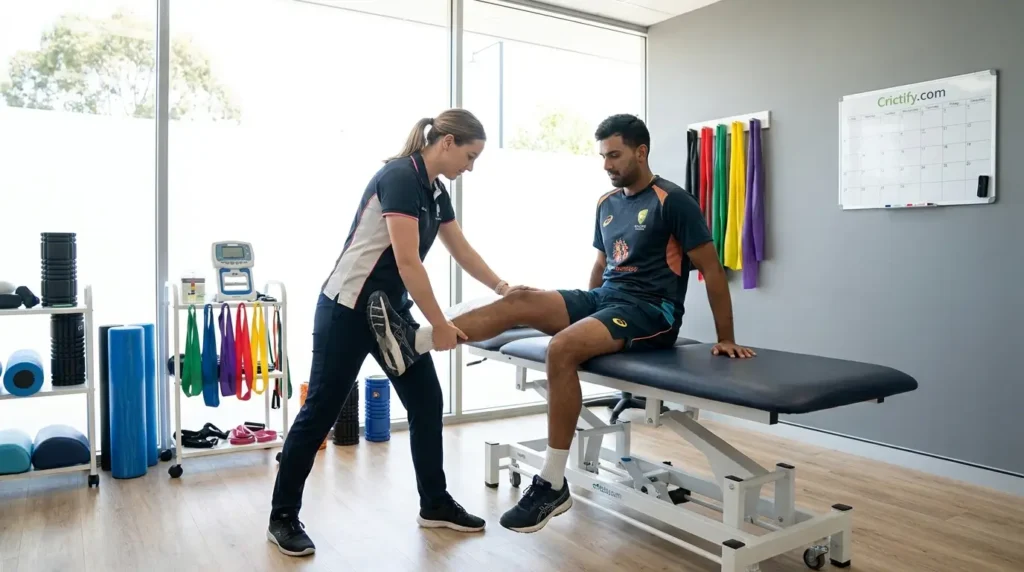 Sports physiotherapist assessing cricket player's hamstring strength during rehabilitation session.