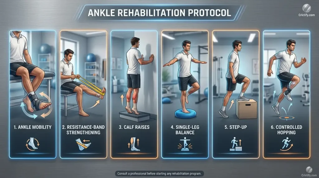 Progressive ankle rehabilitation exercises for cricketers