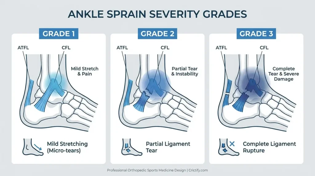 Grade 1 Grade 2 and Grade 3 ankle sprain severity illustration