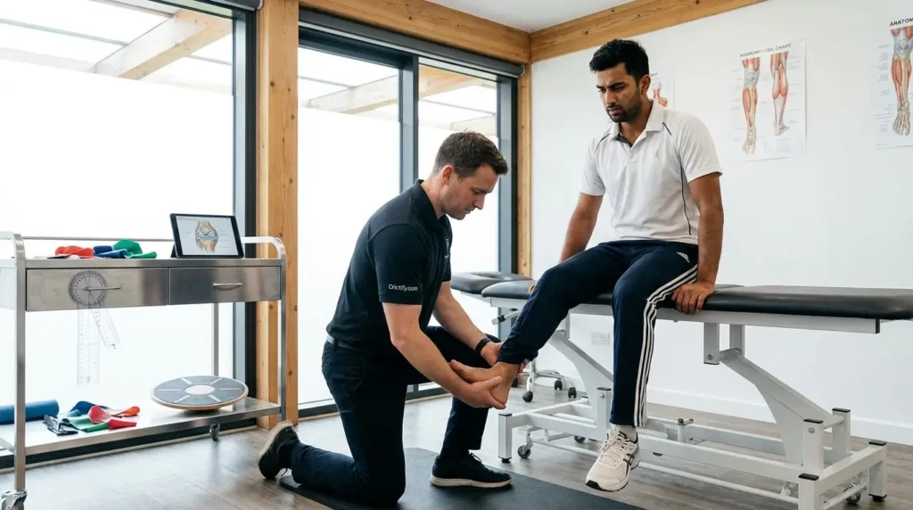 Sports physiotherapist assessing a cricketer recovering from an ankle sprain