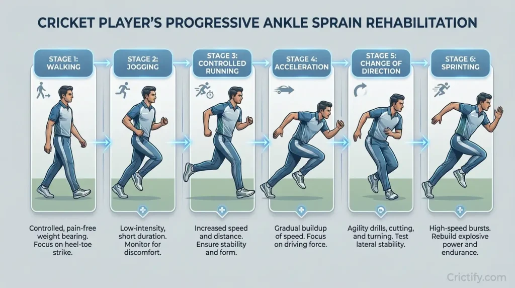 Progressive return to running after ankle sprain in a cricketer