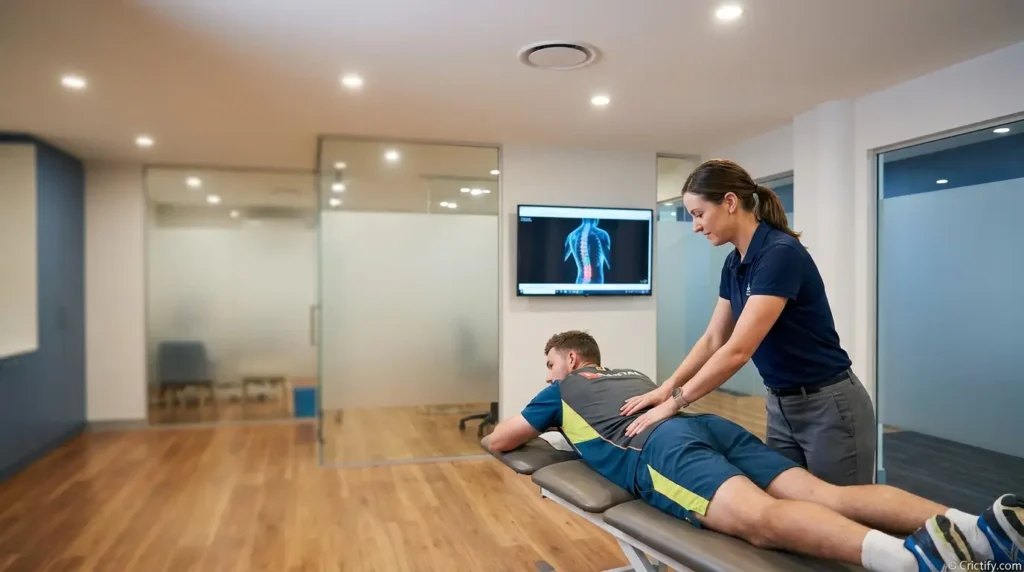 Sports medicine clinician assessing a cricketer's lower back in a modern clinic — Crictify.com
