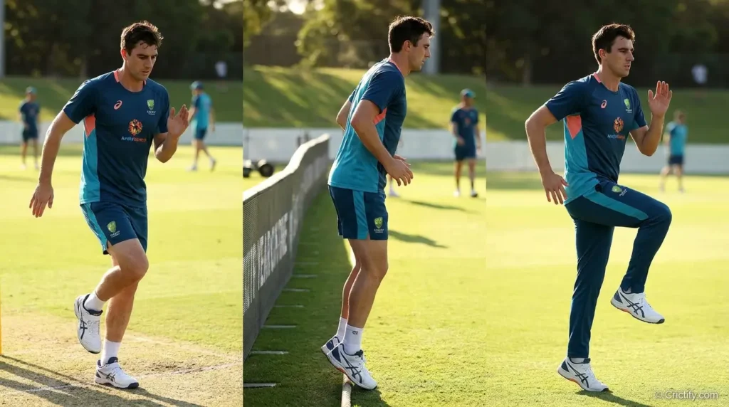 Cricketer performing an ankle-focused dynamic warm-up before training