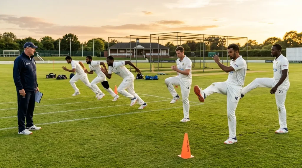 Cricket players performing dynamic warm-up drills including leg swings and acceleration runs before training session.