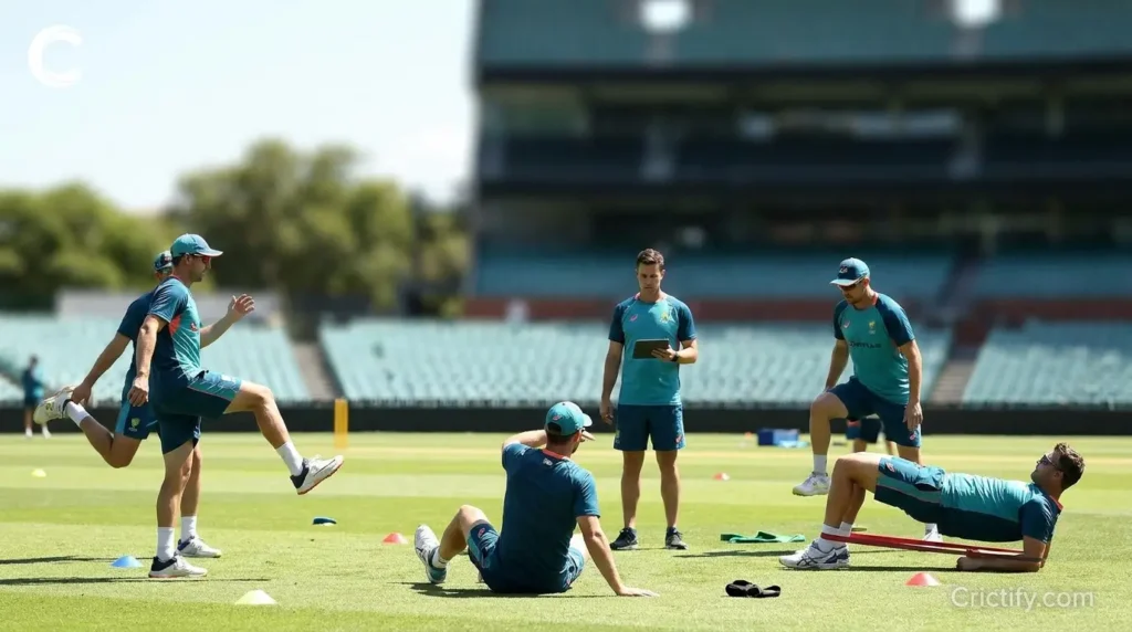 Cricketers performing dynamic warm-up focused on hips, trunk, and mobility — Crictify.com