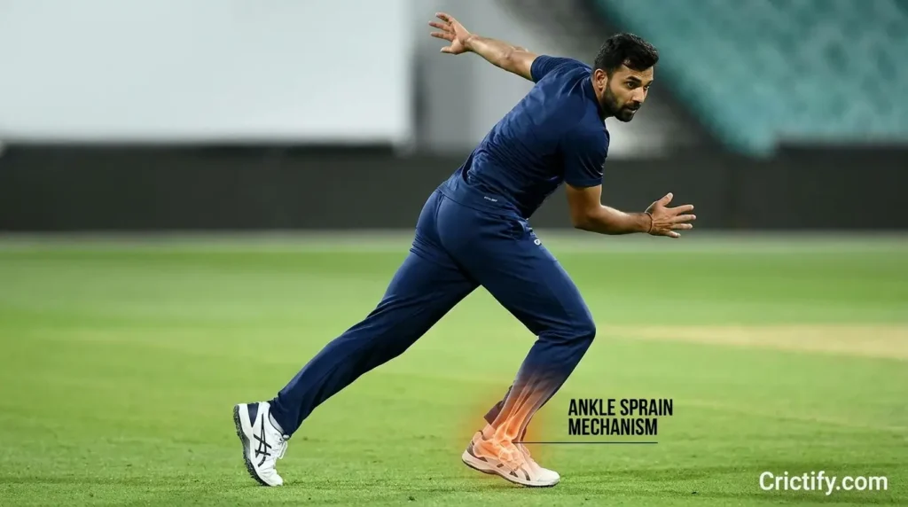 Cricketer changing direction during fielding with an ankle sprain mechanism