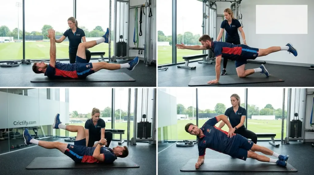 Cricketer performing safe core rehabilitation exercises such as dead bug, bird dog, and side plank — Crictify.com
