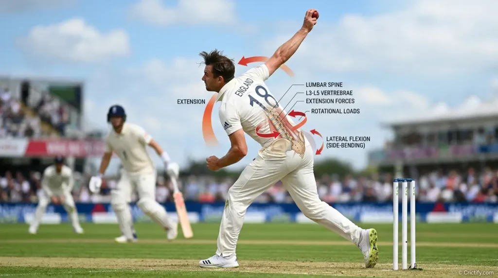 Fast bowler mid-delivery with highlighted lumbar spine extension, rotation, and side-bending forces — Crictify.com