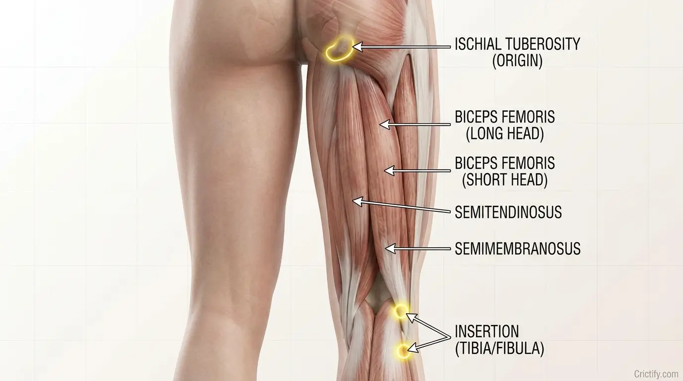 Fast bowler in delivery stride with semi-transparent hamstring anatomy overlay showing muscle loading during cricket bowling.