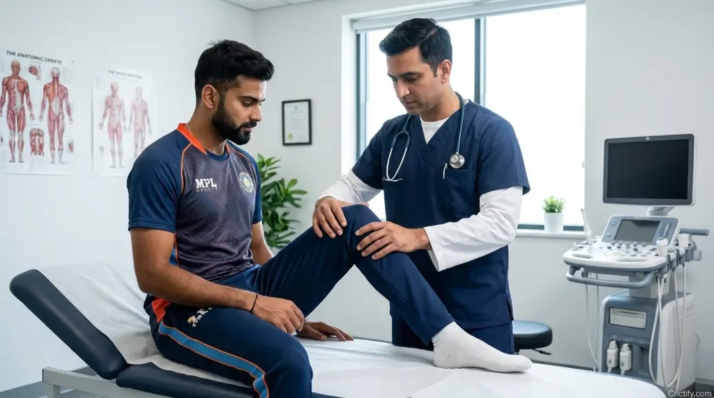 Sports medicine clinician examining a cricketer's knee during physical assessment for Crictify.com