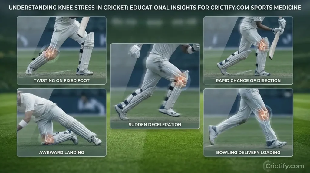 Educational composition illustrating common knee injury mechanisms in cricket including twisting, landing, deceleration, direction changes, and bowling stride for Crictify.com