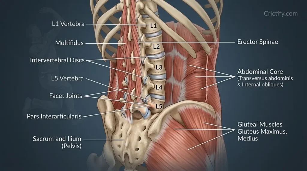 Anatomical illustration of the lumbar spine showing vertebrae, discs, facet joints, pars interarticularis, and core muscles relevant to cricket lower back pain — Crictify.com