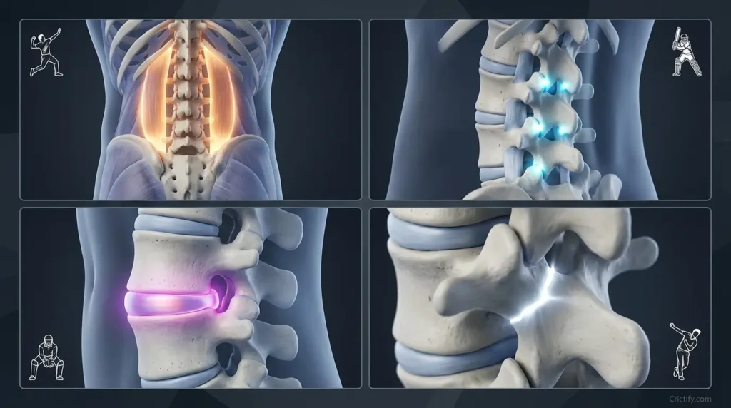 Comparison of common lower back pain patterns in cricketers: muscle strain, facet joint irritation, disc-related pain, and spondylolysis — Crictify.com