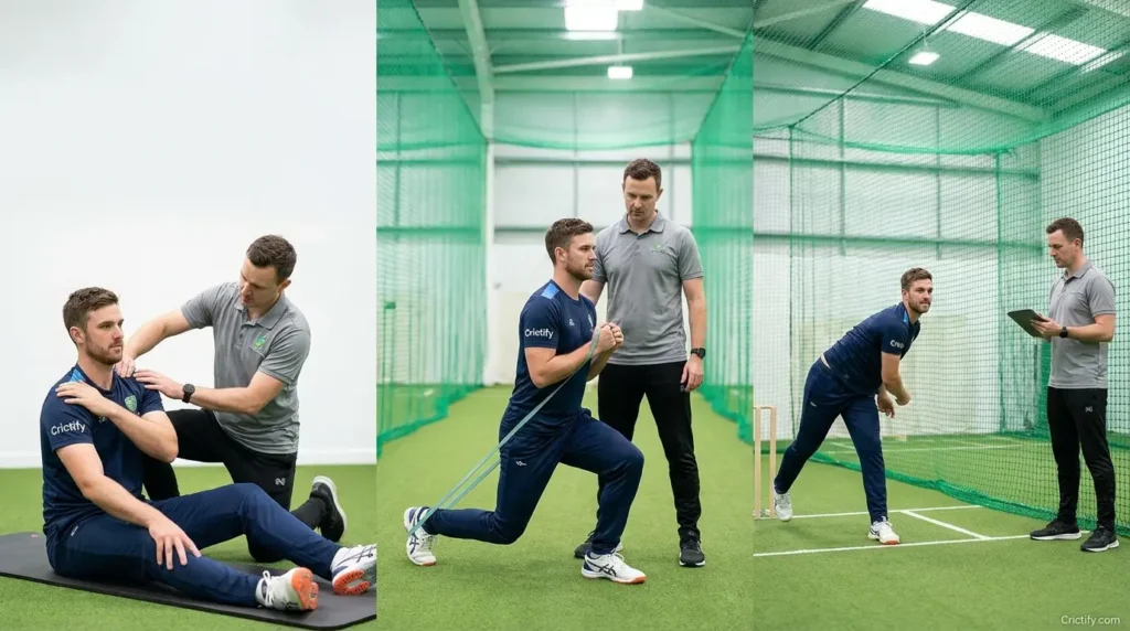 Cricketer progressing through rehabilitation stages from mobility to controlled bowling simulation — Crictify.com