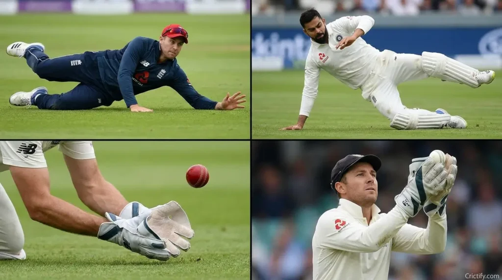 Cricket injury mechanisms including diving, catching, ball impact, and falling onto the hand.