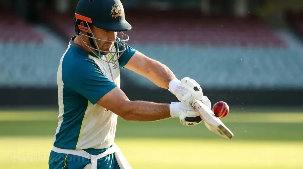 Cricketer batting against a fast delivery with realistic wrist positioning and bat control.