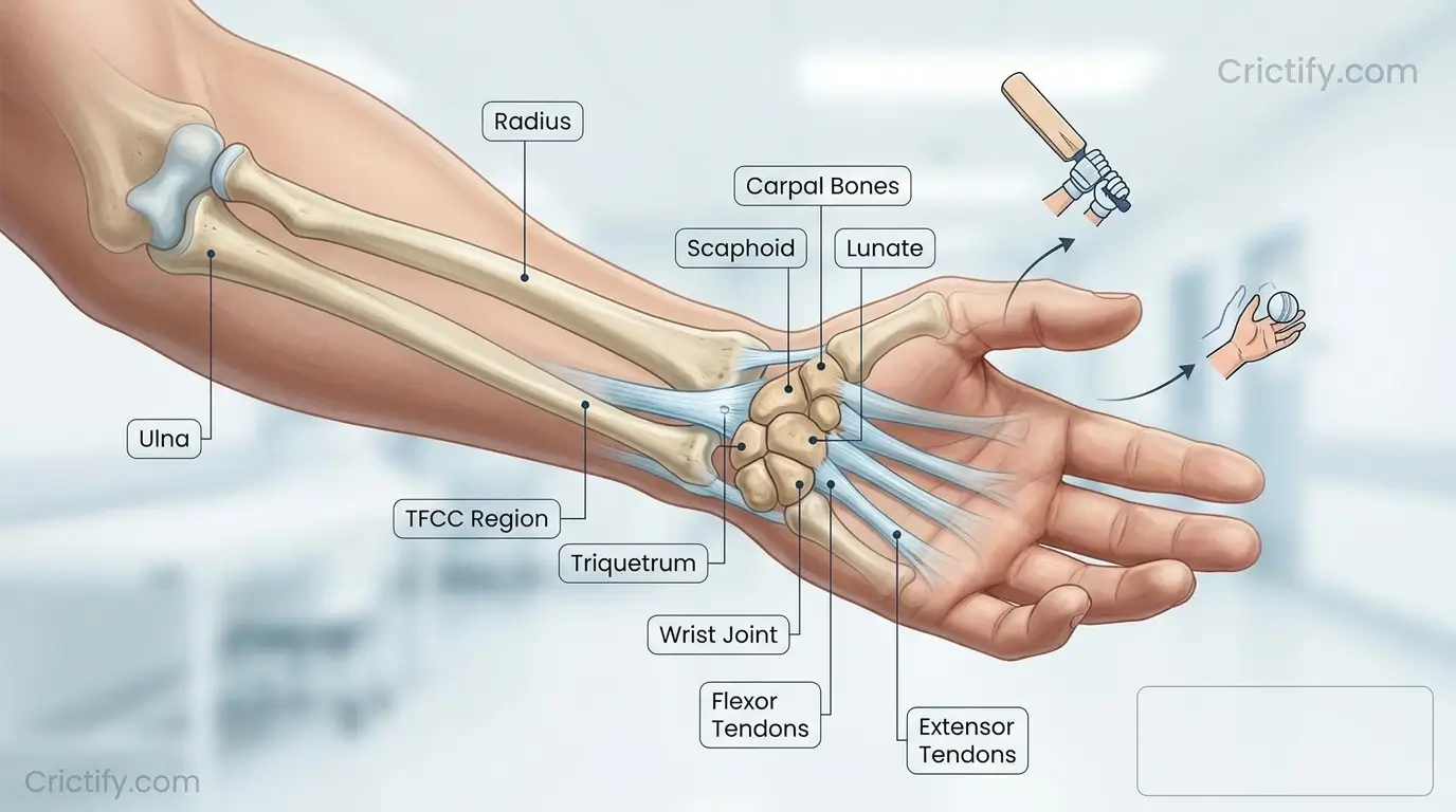 Medically accurate wrist anatomy illustration showing the bones, tendons and TFCC relevant to cricket.