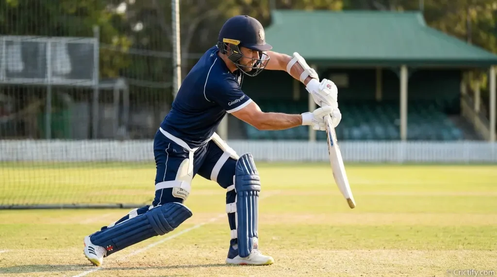 Cricketer demonstrating controlled wrist stability, forearm strength, and injury-prevention technique