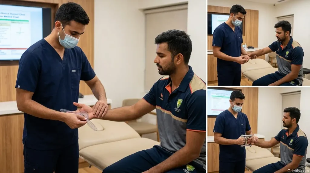 Sports medicine clinician assessing a cricketer’s wrist range of motion and grip.