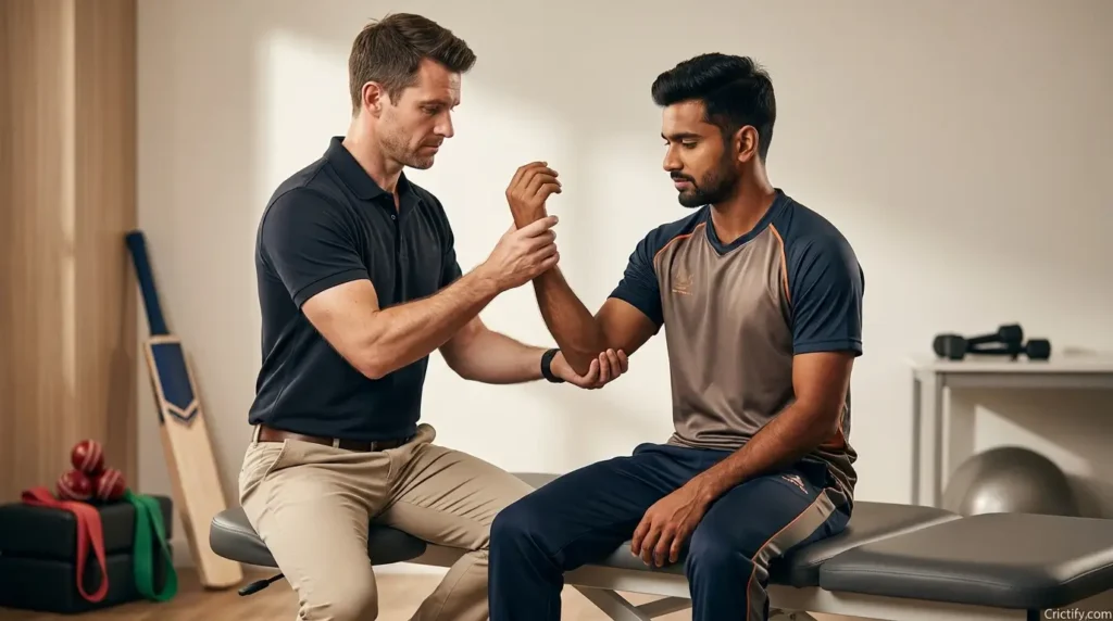 Individualized physiotherapy links wrist recovery to the demands of a player’s cricket role.