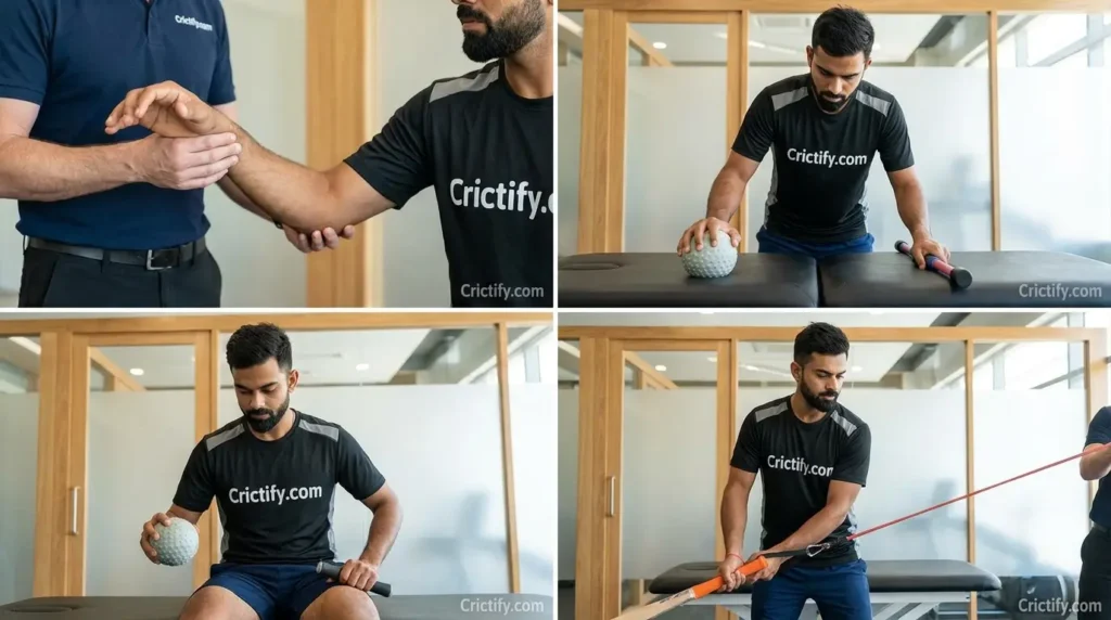 Progressive wrist rehabilitation for a cricketer involving mobility, grip, strength, and functional loading.